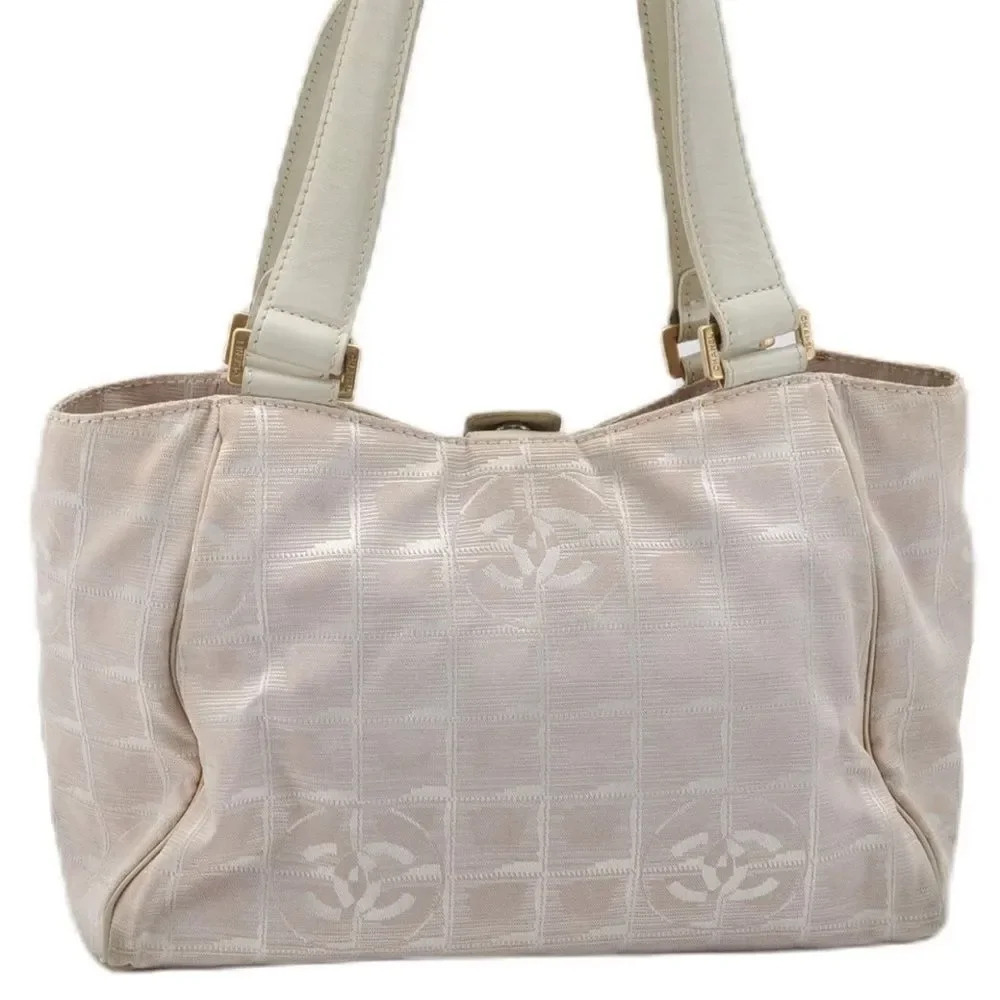 CHANEL CC Jacquard Travel Line Shoulder Hand Bag Canvas Leather Pink